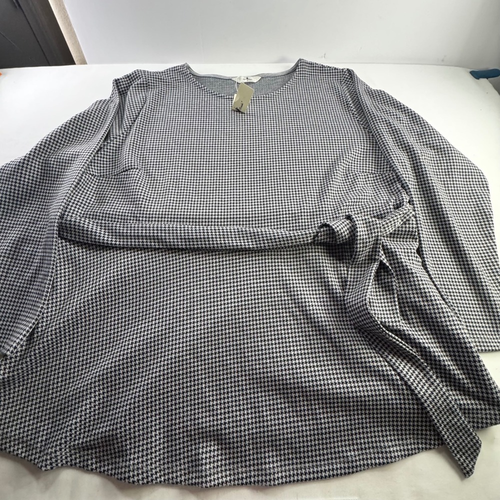 Agnes Orinda Blouse Womens 4X Houndstooth Tunic Top Tie Waist Long Sleeve Top